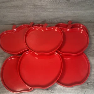 Crate & Barrel Red Apple Shaped Plates 8 Snack Dessert Rim Vtg Taiwan Melamine - Picture 1 of 11