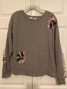 Vintage America Blues Women’s Medium Sweatshirt Brown Heather Beaded Ruffled EUC - Picture 1 of 12