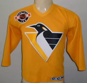 Vintage Pittsburgh Penguins CCM Center Ice Sewn Yellow Team NHL Jersey Boys L/XL - Picture 1 of 5