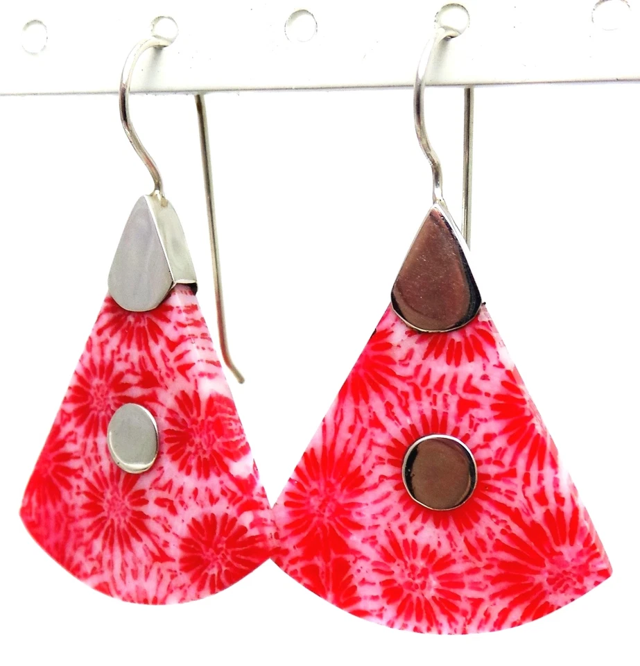 Brincos de gancho em forma de ventilador vermelho coral flor prata esterlina 925 sólido 1,93 pol. 8,80 g  - Imagem 1 de 1