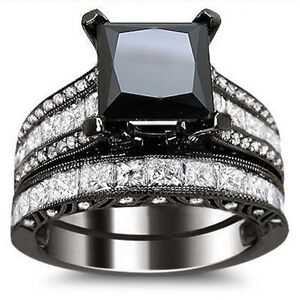 4.70ct Black Princess Cut CZ Engagement Ring Bridal Set
