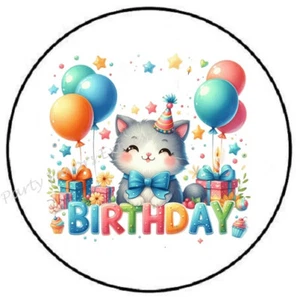 BIRTHDAY CAT WITH BALLOON CONFETTI ENVELOPE SEALS LABELS STICKERS PARTY FAVORS - Picture 1 of 2