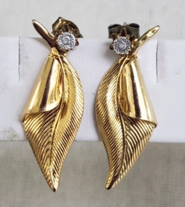 Vtg Convertible Diamond Chip 3/16" Stud & Leaf GoldTone Pierced Earrings 1-5/16" - Picture 1 of 9