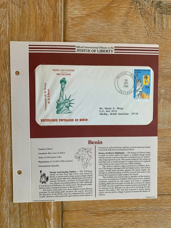 БЕНИН 1986 FDC СТАТУЯ СВОБОДЫ ДАНЬ  - Изображение 1 из 1