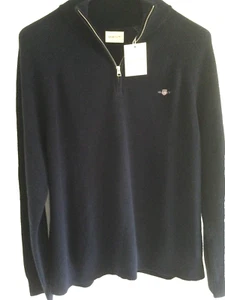GANT Jumper Mens 3XL Navy Knit Wool /Cotton Blend 1/4 Zip Long Sleeve with Logo - Picture 1 of 5