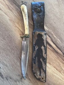1800's Antique Hand Forged Dagger Knife bone handle scabbard frontier old west