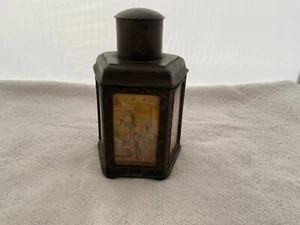 Vintage chinesische orientalisch asiatische Teedose Metall mit 5 Glas Landschaftstafeln gemarkt - Bild 1 von 12