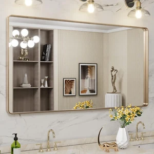 55”X30” Gold Bathroom Mirror, Rounded Rectangle Gold Frame Mirror, Brushed Gold - Picture 1 of 8