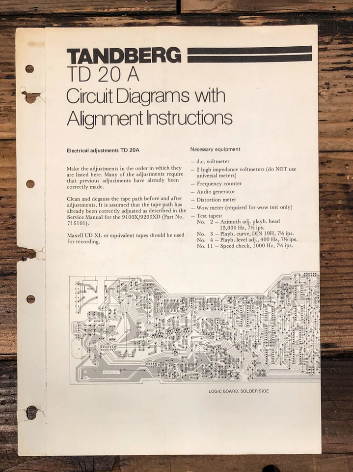 Diagramas de circuito de carrete a carrete y manual de alineación Tandberg TD 20A TD-20 A *Original* Foto 1 de 1