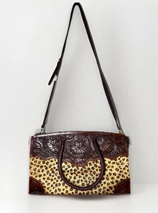 AD American Darling Duffel Satchel Leopard Calfskin Leather Bag Hand Tooled EUC - Picture 1 of 12