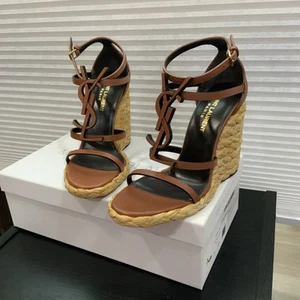 Sandalia Saint Laurent YSL Cassandra Alpargata Cuña Cuero Talla 35.5 euros, EE. UU. 5.5 - Imagen 1 de 13