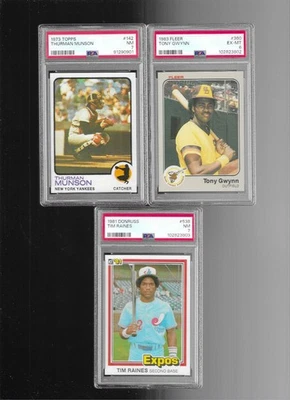 LOTE CLASIFICADO PSA DE 3 THURMAN MUNSON TONY GWYNN RC TIM RAINES RC LOTE DE 3 Foto 1 de 2