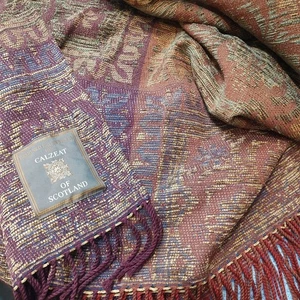 Calzeat of Scotland Fringed Wool Blend Throw Blanket Brown Tan Jacquard 50x64 - Picture 1 of 4