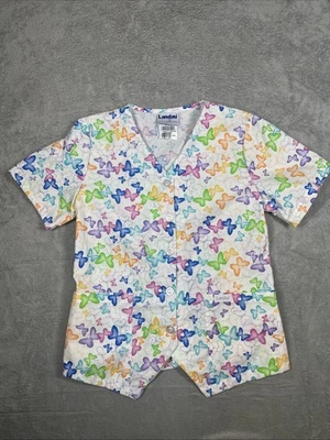 Landau Scrub Top Women’s Small V-Neck Colorful Butterfly Pattern Short Sleeve - Image 1 of 4