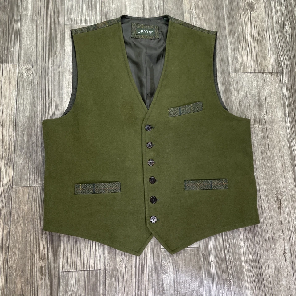 Chaleco Chaleco Orvis Lana Tweed Para Hombres L Verde Imitación Gamuza Hebilla Frontal Forrado Trasero Foto 1 de 4