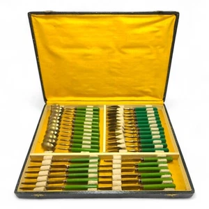 ART DECO French Dessert Set 36 pieces Bakelite Gilded Metal Table BOX 1930 Flatw - Picture 1 of 16