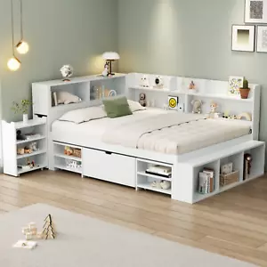 4ft6 Double Wooden Storage Bed Frame With Drawer and Cabinets for Kids Teenagers - Picture 1 of 8