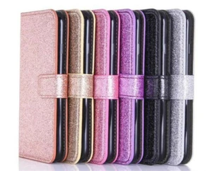 For Huawei P40 P20 P30 Lite Y5 Y6 Y7 Y9 P Smart Bling Plain Glitter Wallet Case - Picture 1 of 12