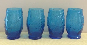 Set of 4  -Fruit Embossed Glasses Turquoise Blue Water Tumblers  -5" Vintage MCM - Picture 1 of 2