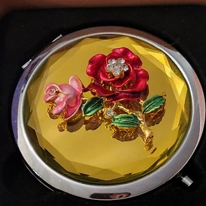 Bejeweled Crystals Folding Compact Purse Mirror Beveled Glass Roses Red & Pink - Picture 1 of 10