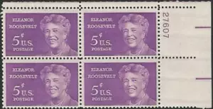 Plate Block of 4 stamps - Scott 1236 - 5 cent - Eleanor Roosevelt - 1963 - MNH - Picture 1 of 1