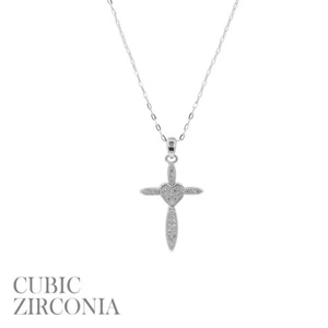 Zirkonia Kreuz Herz Halskette rhodiniert (16+2 Zoll) - Bild 1 von 2