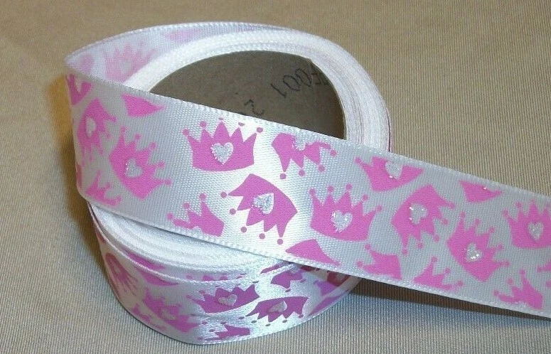 10 Yards PINK PRINCESS CROWNS SINGLE FACE SATIN RIBBON  7/8" Wide - Image 1 of 1