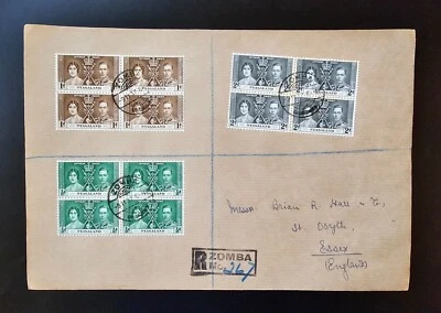 NYASALANDIA CUBIERTA 1937 KGVI Coronación Primer Día Cubierta FDC BLOQUES ZOMBA Registrado Foto 1 de 4