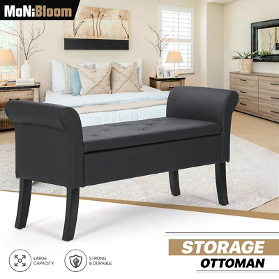 Banco de almacenamiento rectangular negro de 25" elevador reposapiés superior extremo de la cama con brazos y patas de madera Foto 1 de 4