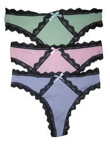 3pk pastel ribbed w/black lace trim bow decor thong panties S nip 80s aesthetic - Picture 1 of 2