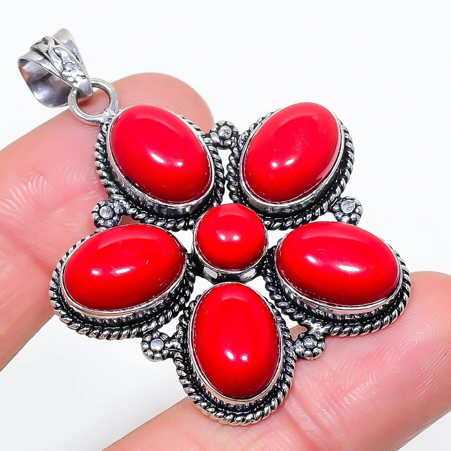 Colgante de joyería de plata de ley 925 hecho a mano con piedras preciosas de coral rojo tamaño 2" Foto 1 de 1