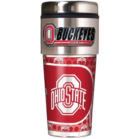 OHIO STATE BUCKEYES 16 OZ STAINLESS STEEL COFFEE TRAVEL MUG WITH METAL EMBLEM Cover