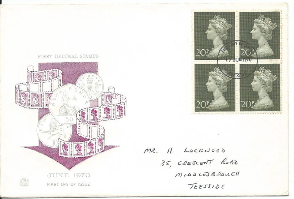 June 1970 Block of 4 x 20p Stamps Neatly addressed FDI 17 Jun 1970 Teesside Grea - Image 1 of 1
