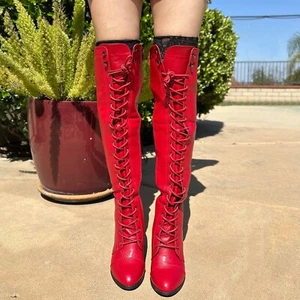 New Lace Up Combat Boots Almond Toe Over Knee Thigh High Block Chunky Thick Heel - Picture 1 of 23