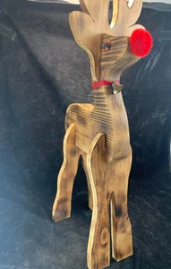 Vintage Handmade Wood Standing Rudolph Red-Nosed Reindeer 24.5 Inches Tall - Picture 1 of 14
