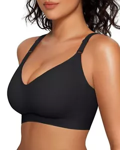 Wireless V Neck Bra Full Coverage Seamless Push Up Bralette Black L - Picture 1 of 6