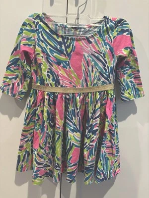 Lilly Pulitzer Girl's Size Small Lilly’s Lagoon Dress With Gold Waistband - Image 1 of 4