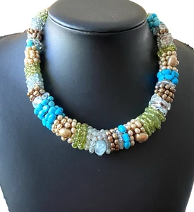 Beaded Gemstone Chunky Rope Collar Necklace Turquoise Jade Glass Sterling Silver - Imagen 1 de 9