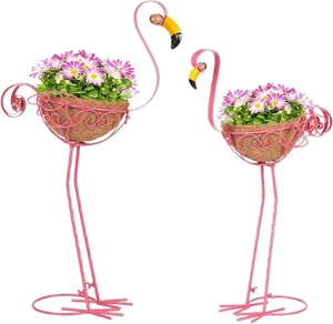 Set of 2 Pink Flamingo Metal Planters for Garden Patio Yard Lawn Décor - Picture 1 of 4