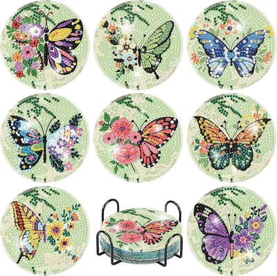 8 Pcs Butterfly Diamond Art Coasters Kits with Holder,Diy Diamond Painting Coast - Image 1 of 4