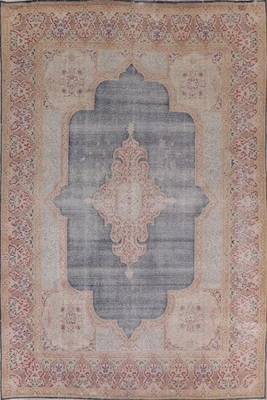 Alfombra azul geométrica envejecida 10x13 lana hecha a mano clásica para sala de estar Foto 1 de 4