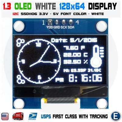 1.3" I2C IIC 128X64 LED OLED LCD  Display Module Arduino White Color SSD1106 US - Image 1 of 4