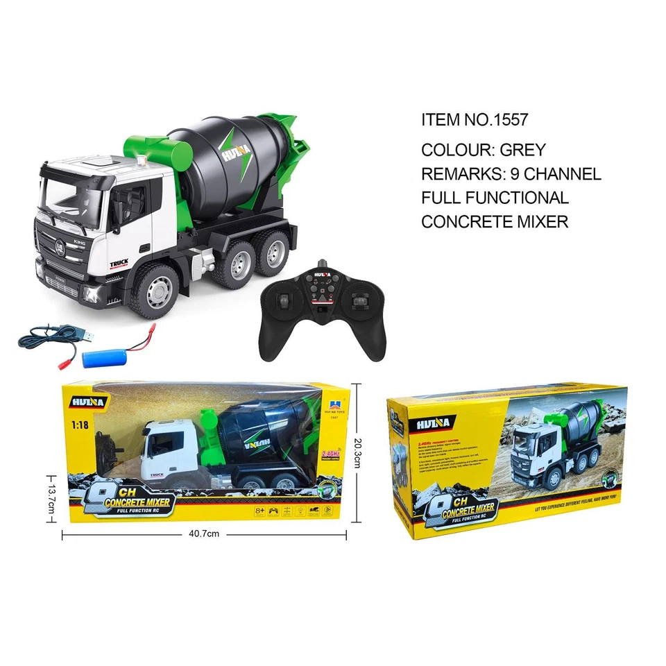 HUINA 1557 2.4G 9CH 1/18 RC Concrete Car Mixer Truck Model Toy Gift Light Radio - Image 1 of 1