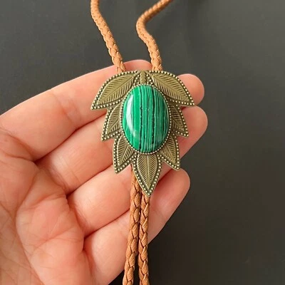 Natural Malachite Stone Bronze Leaf Pattern Bolo Tie Western Wedding Necklace - Image 1 of 4