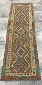 Alfombra de salón Kilim de lana multicolor azteca geométrica hecha a mano afgana 89x296 cm - Imagen 1 de 3