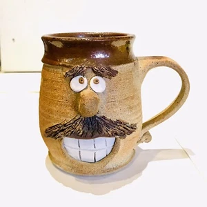 Vintage HandMADE STONEWARE Mustached Man Pottery Face Mug Bushy Eyebrows 3D - Picture 1 of 8