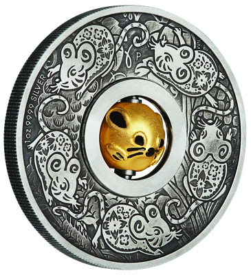 2020 Year of the Mouse 1oz SILVER $1 First Lunar Rotating Charm ANTIQUED COIN - Image 1 of 4