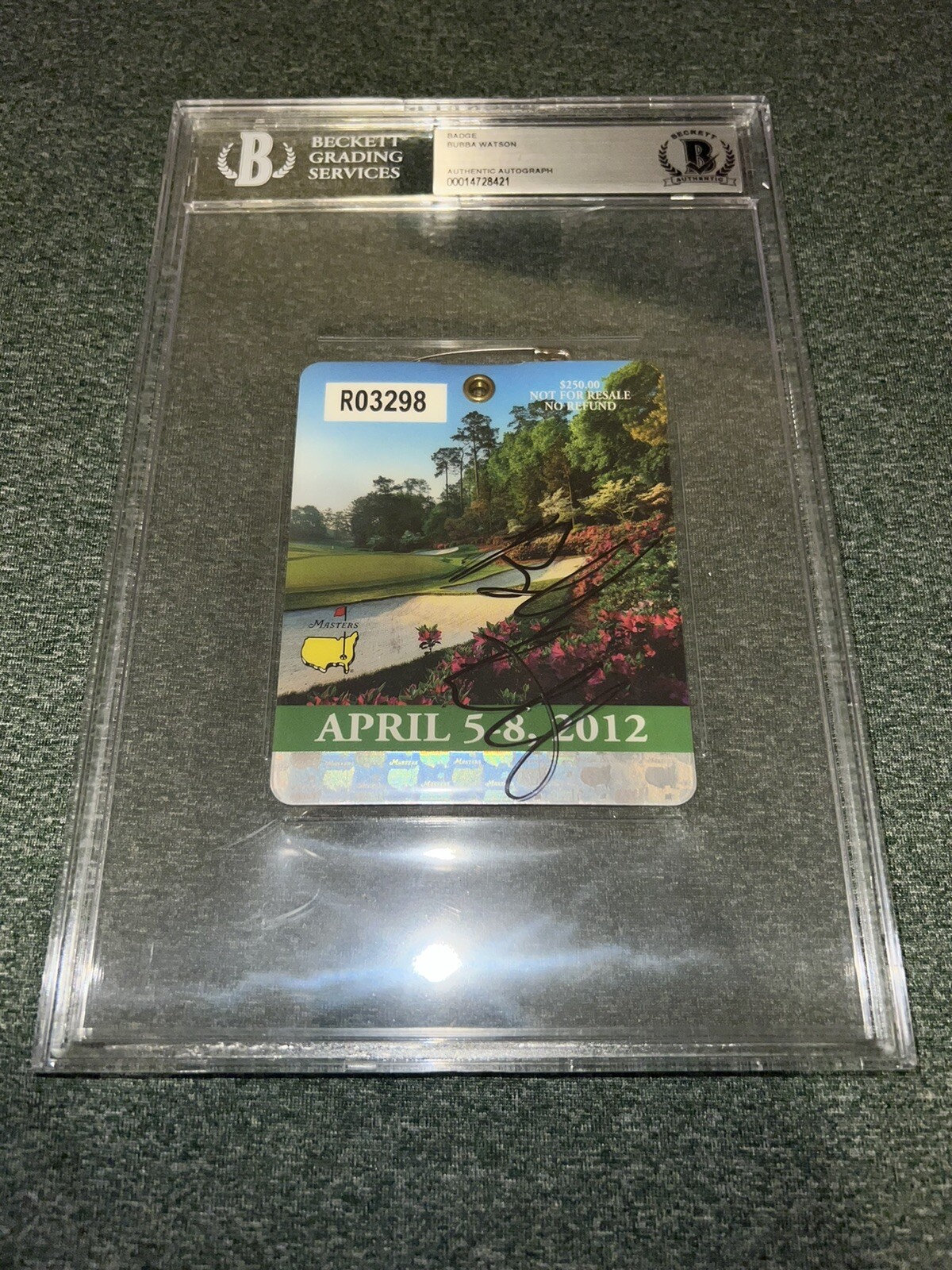 Bubba Watson Autographed Signed Official 2012 Masters Badge Ticket Winner Beckett Slab 