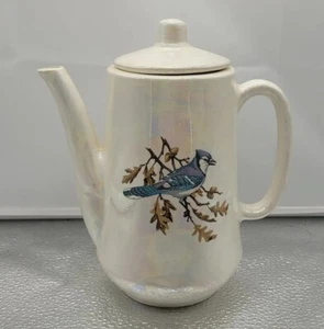 Blue Iridescent Blue Jay On The Oak Leaf Branch Art Pottery 6.5" Coffee Teapot  - Picture 1 of 8