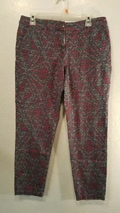 Cabi Pants (8) Grey w/Red&Blue Flower Pattern. Cotton/Spandex. Very Nice. - Picture 1 of 4